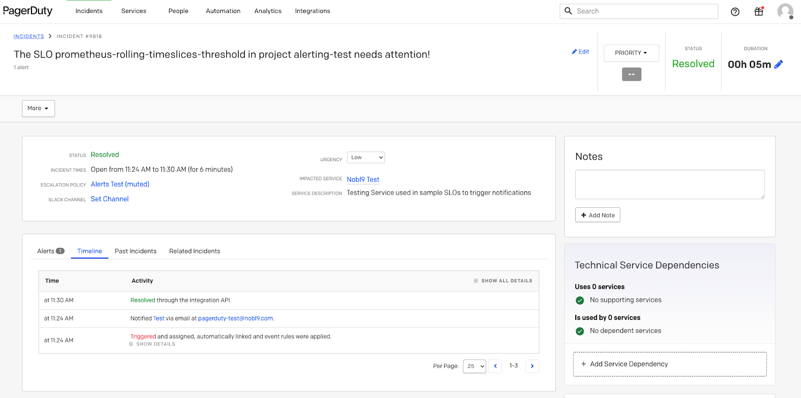 Fig 2.: Resolved incident in PagerDuty