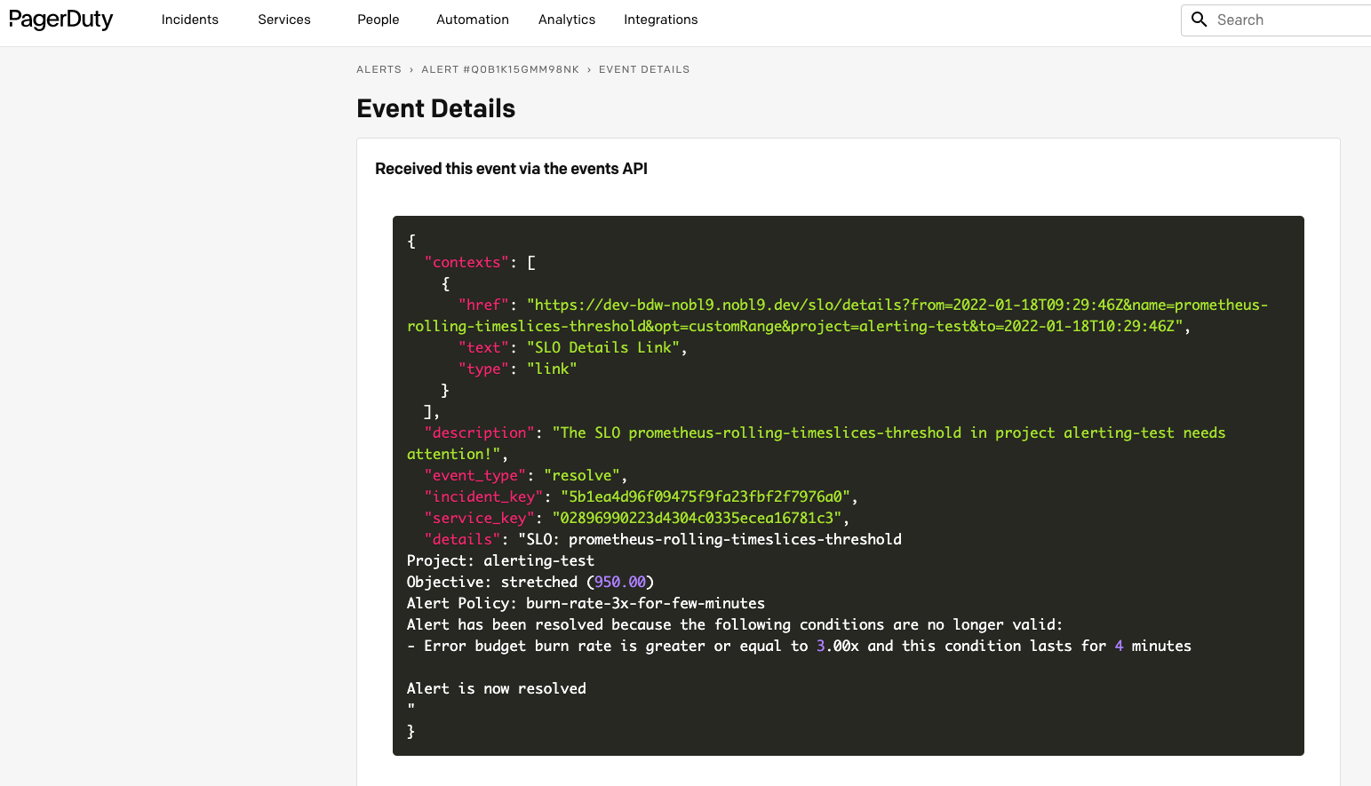 Fig 3.: Resolved incident in PagerDuty