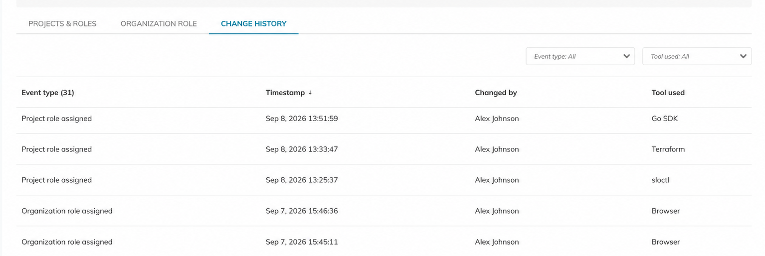 API key Change history tab showing role assignments and event filters