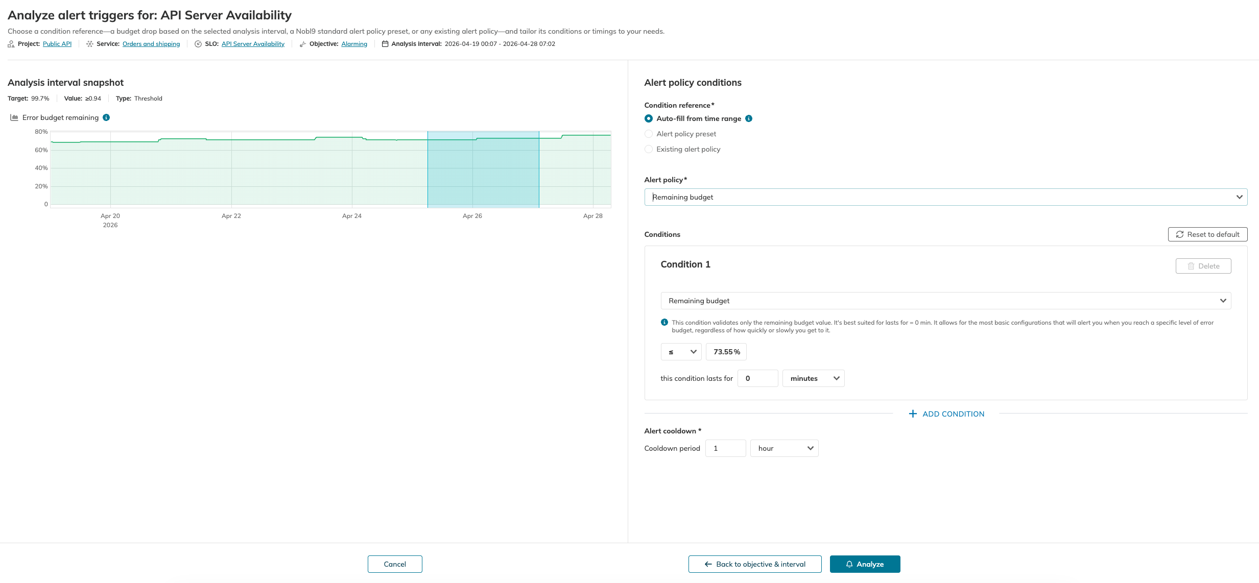 Step 2 of Alert policy analyzer