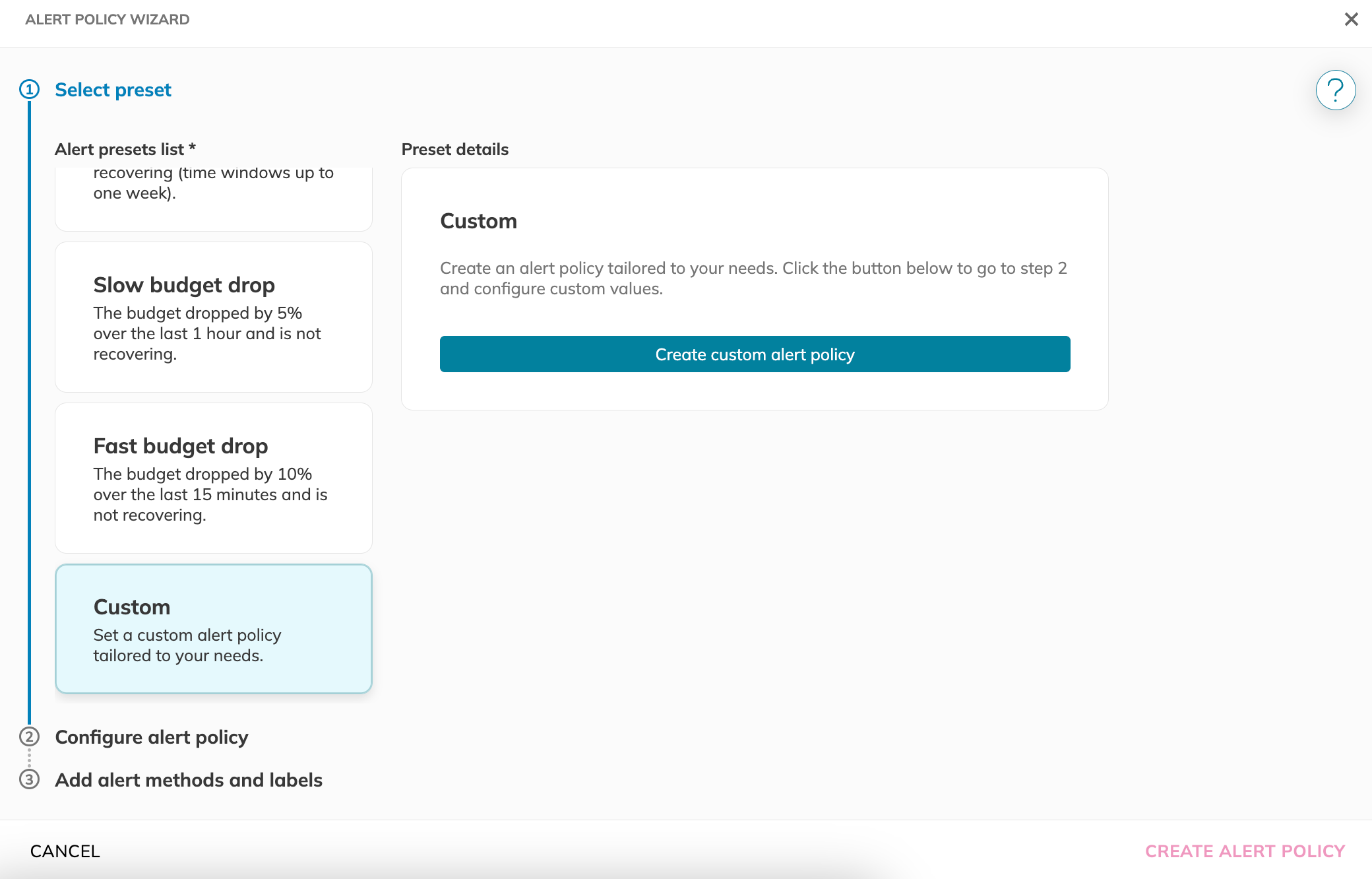 Creating alert policy from preset