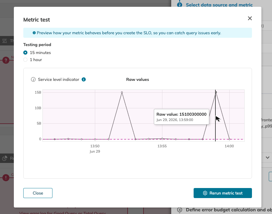 Test metric modal with the results showing raw SLI data over the selected time window