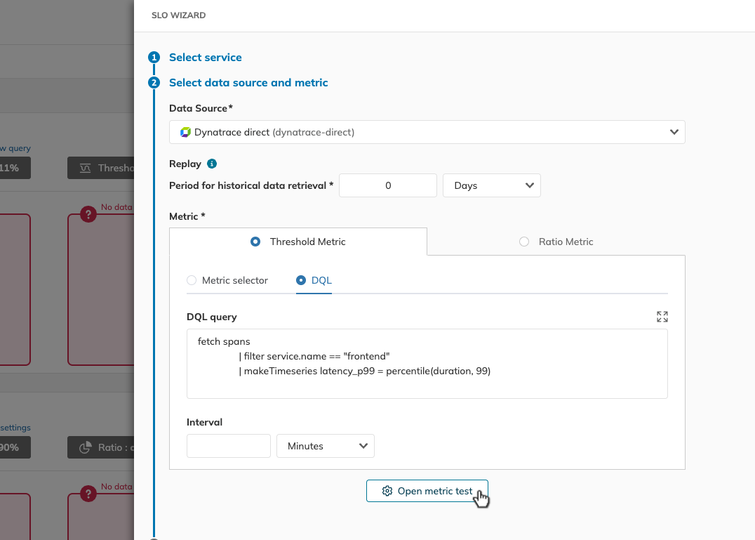 Open metric test button in the SLO wizard