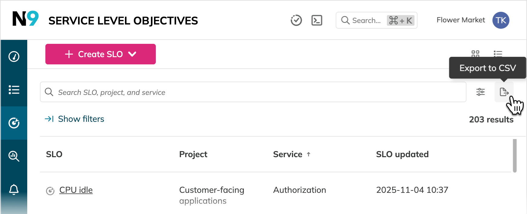 Export the SLO list as CSV