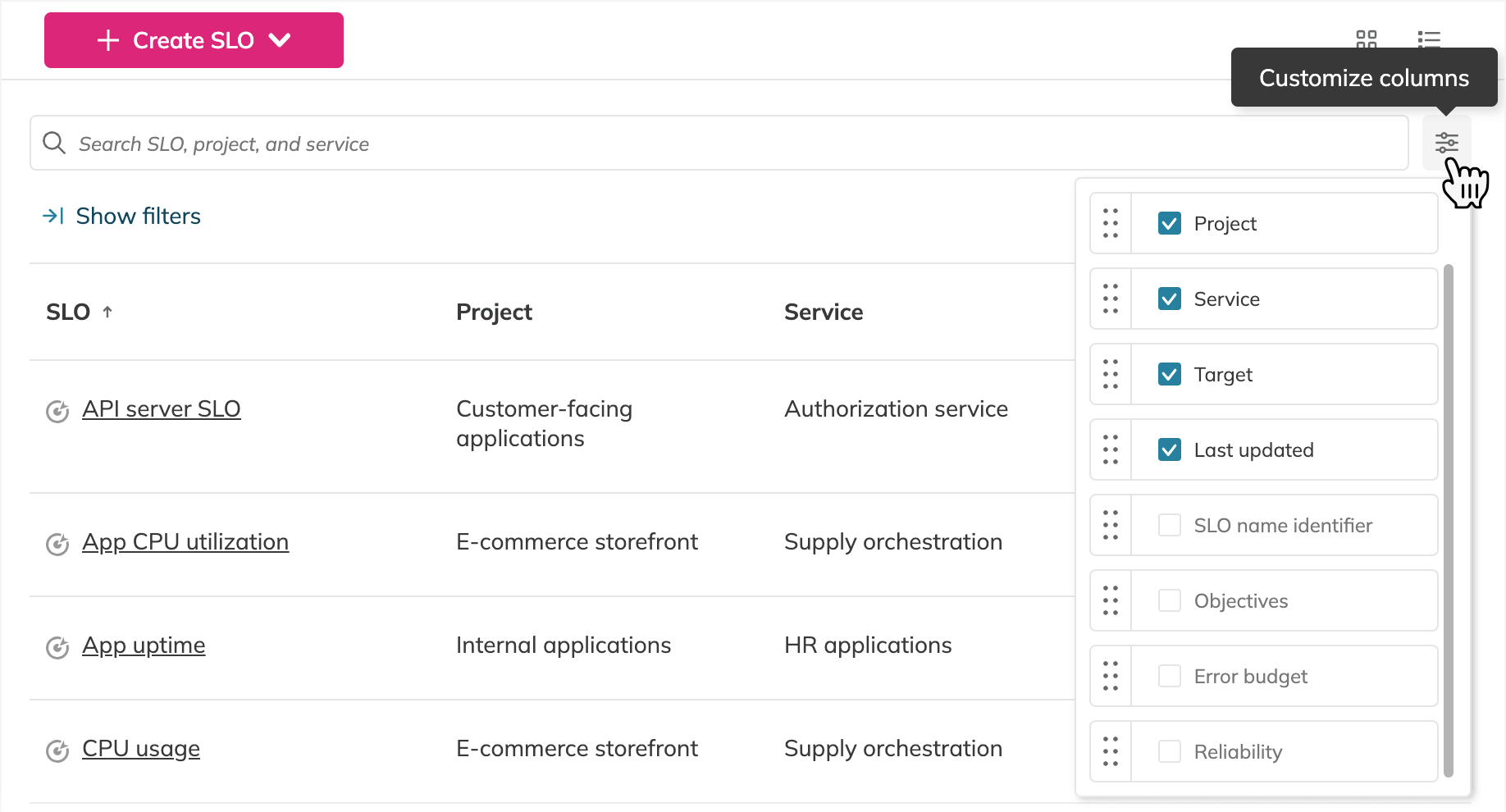 Customize columns