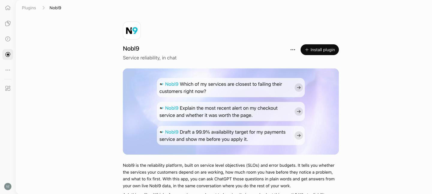 The Nobl9 plugin page in the ChatGPT plugin directory with the Install plugin button and three starter prompts