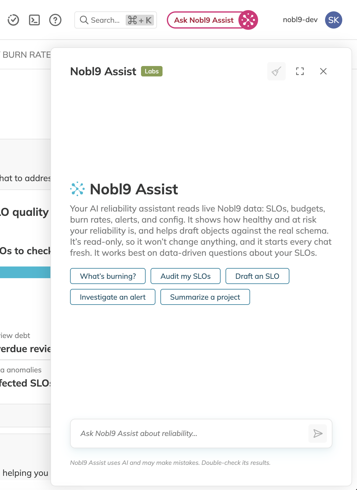 The Ask Nobl9 Assist button in the top bar with the open chat panel showing quick actions