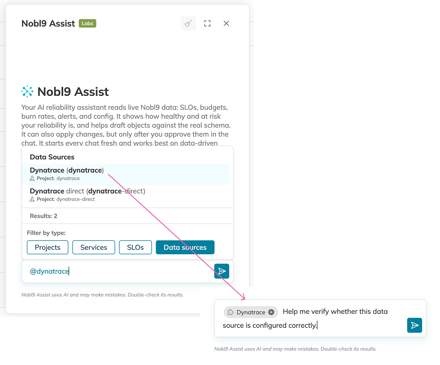 Nobl9 Assist chat panel showing the resource selector with type filters, search results, and a selected resource pill