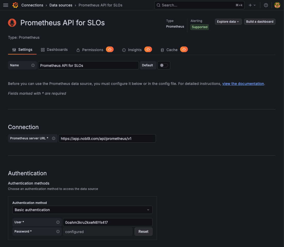 Grafana Add data source form for Prometheus with the Nobl9 server URL and Basic authentication fields filled in