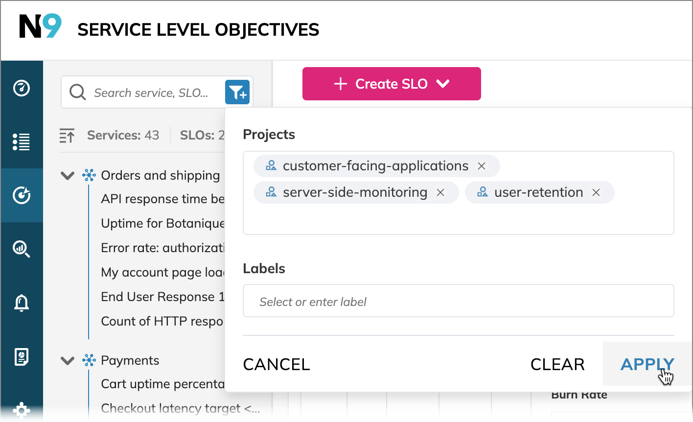 Filtering the SLO grid by multiple projects