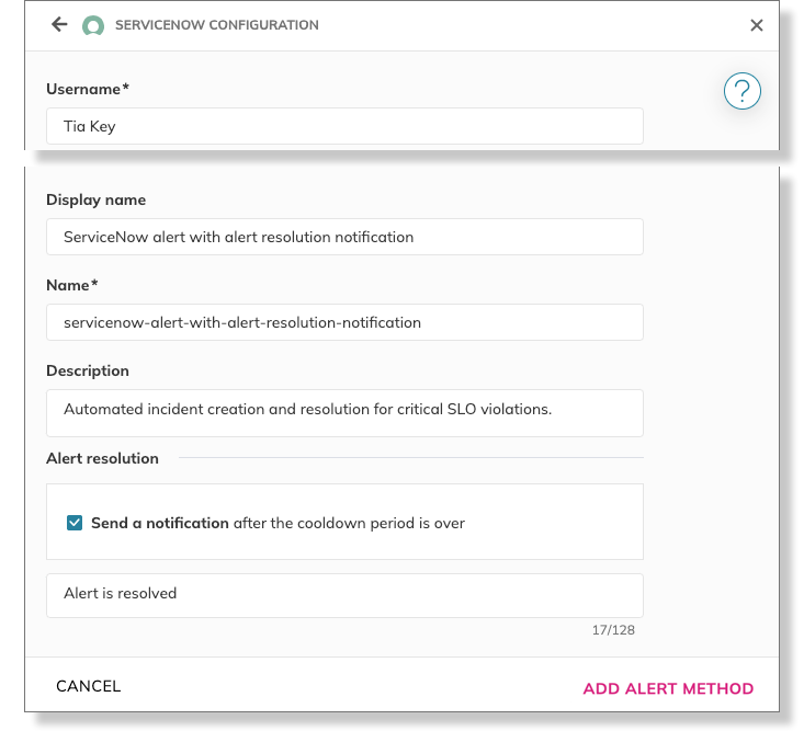 add servicenow alert method