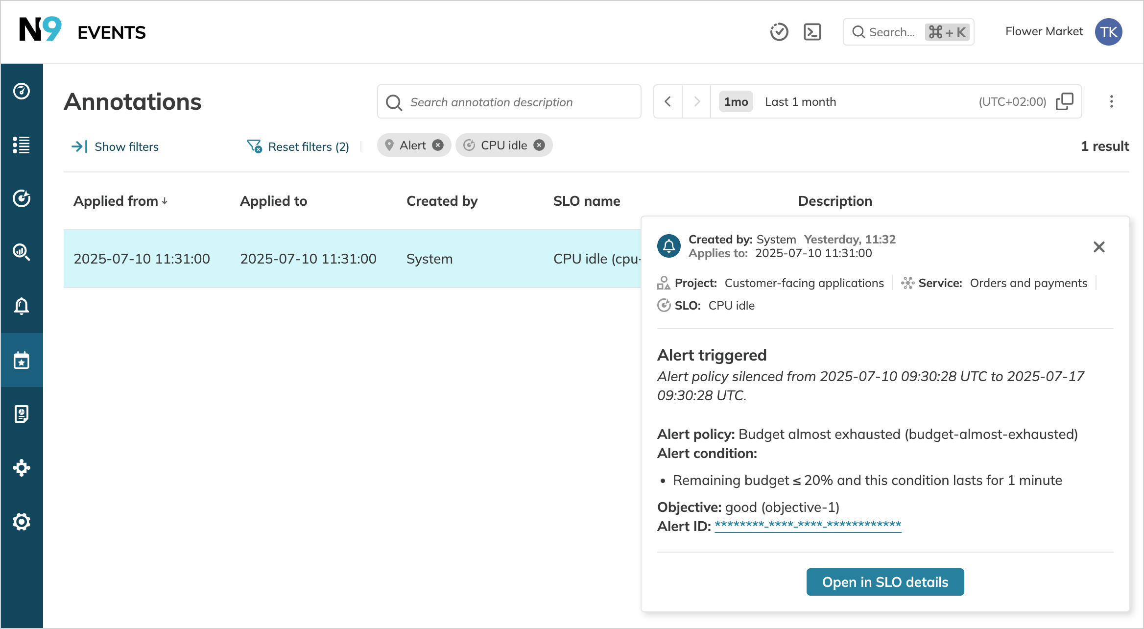 Alert policy silence displayed in an annotation