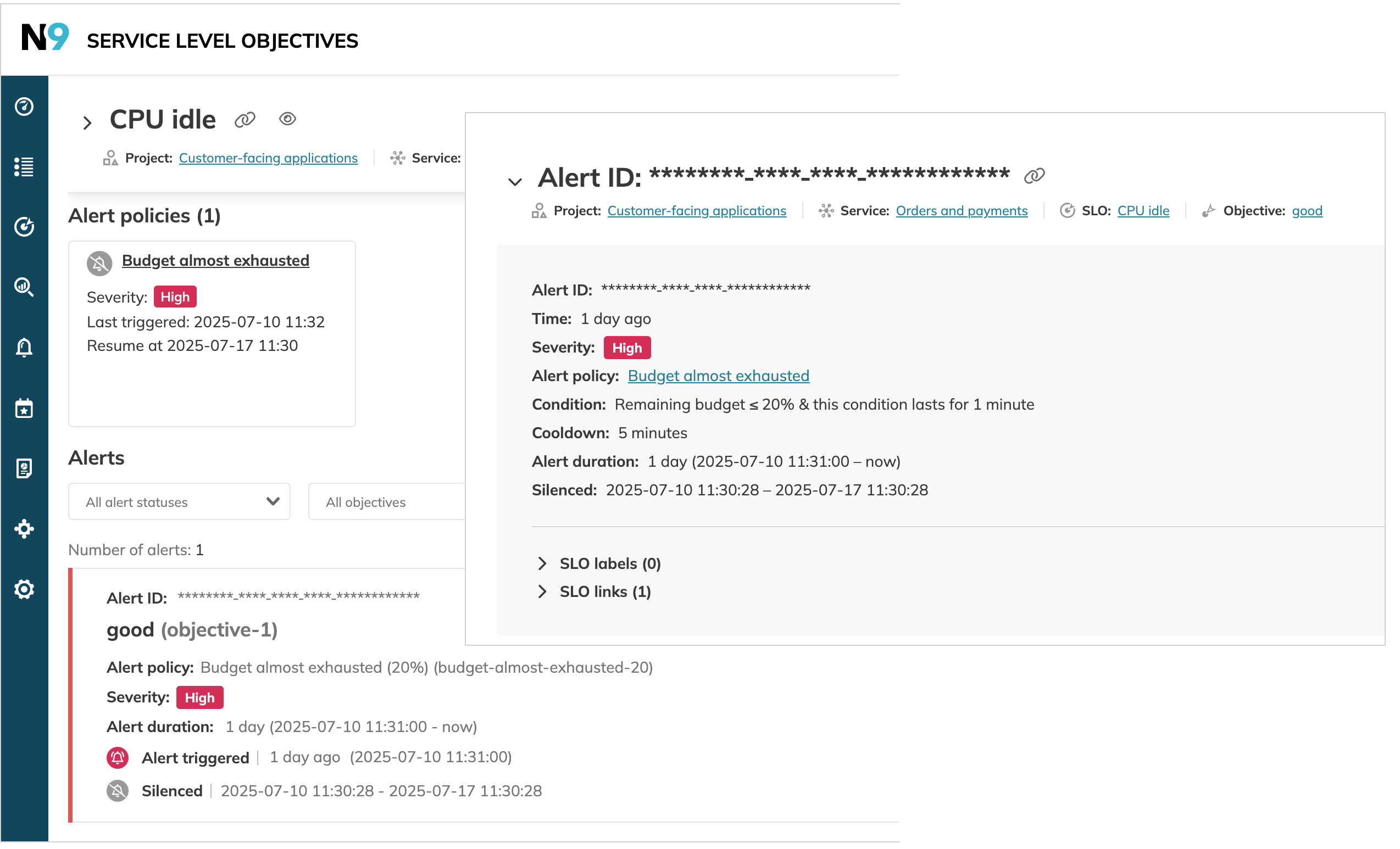 Alert policy silence displayed in the SLO and alert details