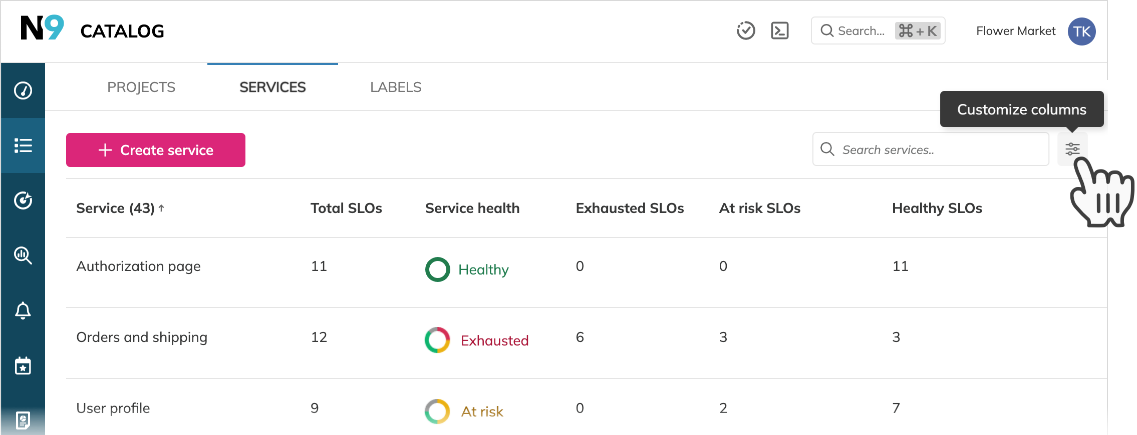 New service health columns in the Catalog list view