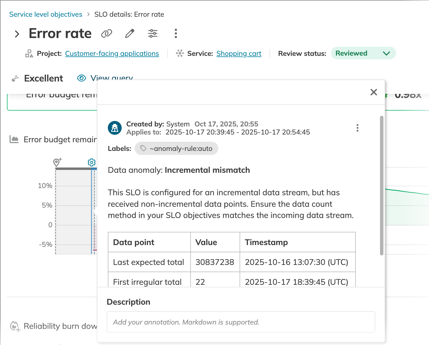 Incremental mismatch data anomaly annotation
