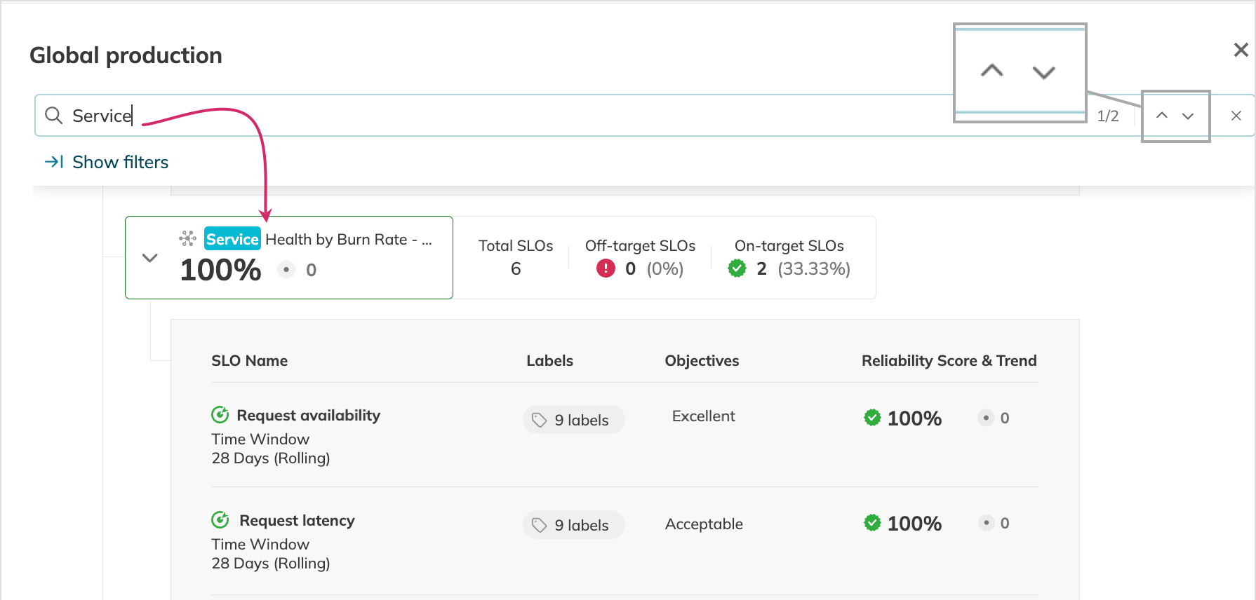 Searching in a reliability roll-up report
