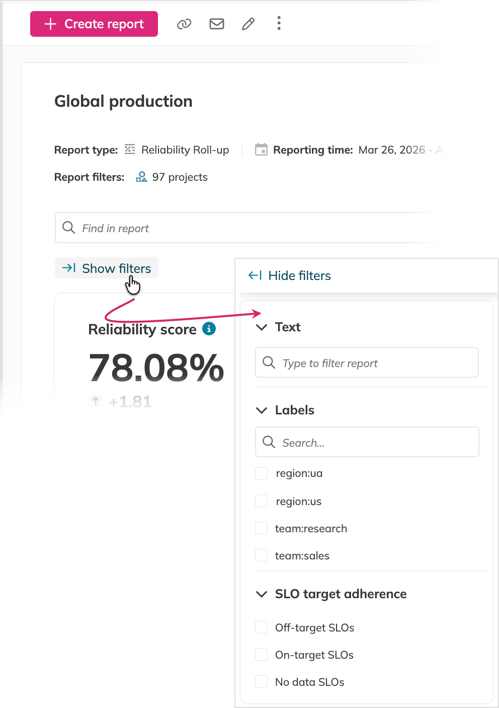 Filters in a reliability roll-up report