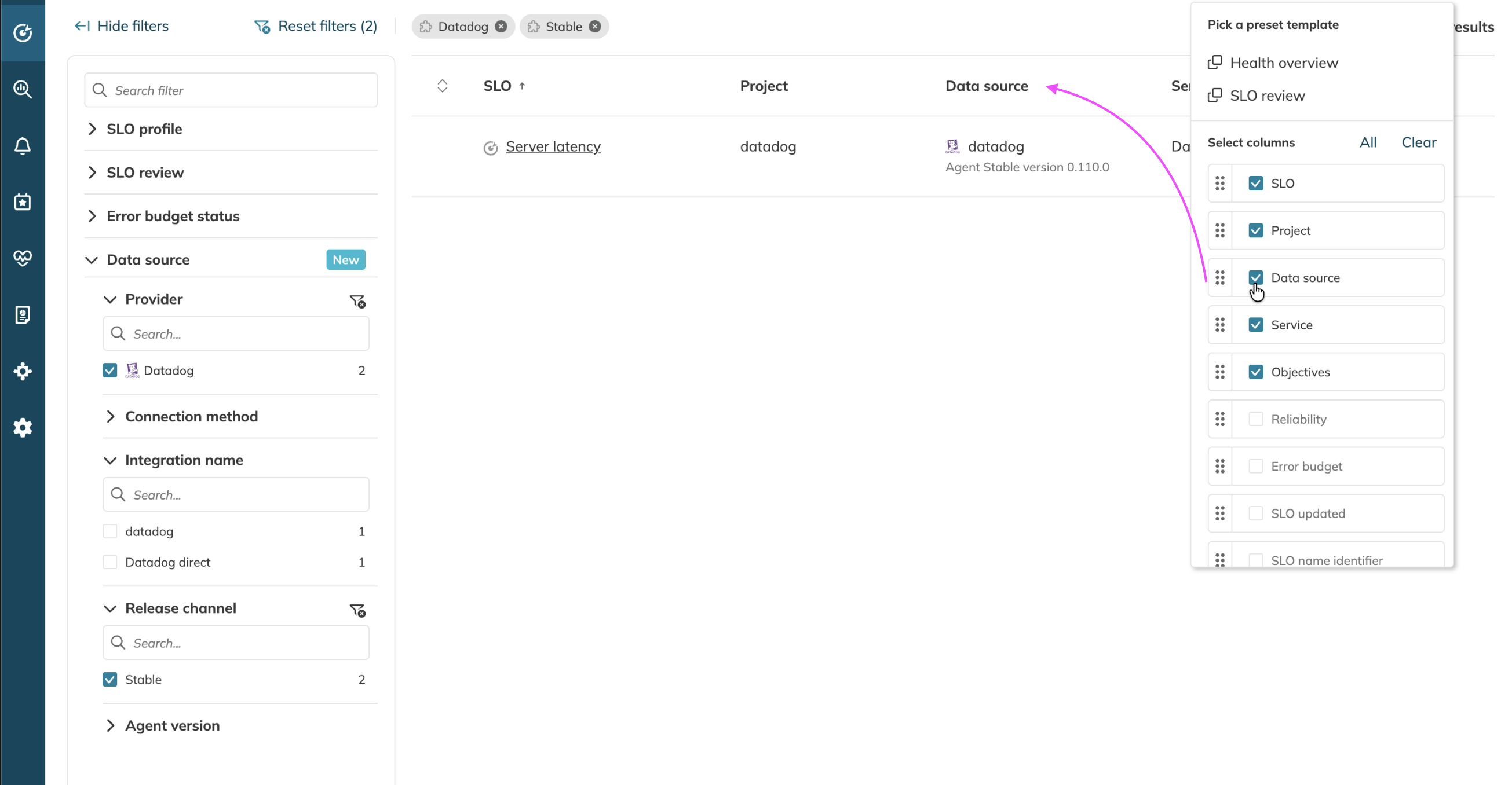 SLO list with the Data source column and applied filters