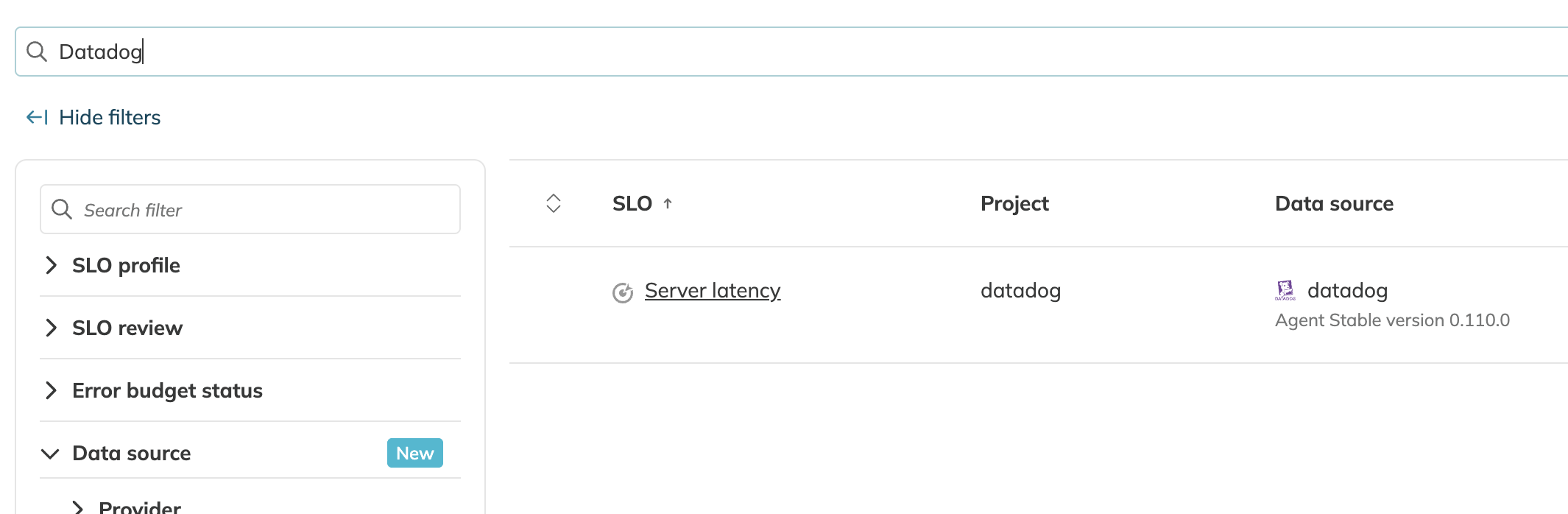 Searching SLOs by data source metadata in the SLO list