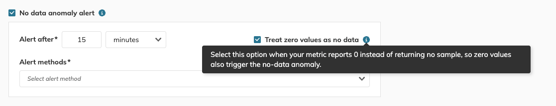 Treat zero values as no data checkbox in the No data anomaly alert configuration