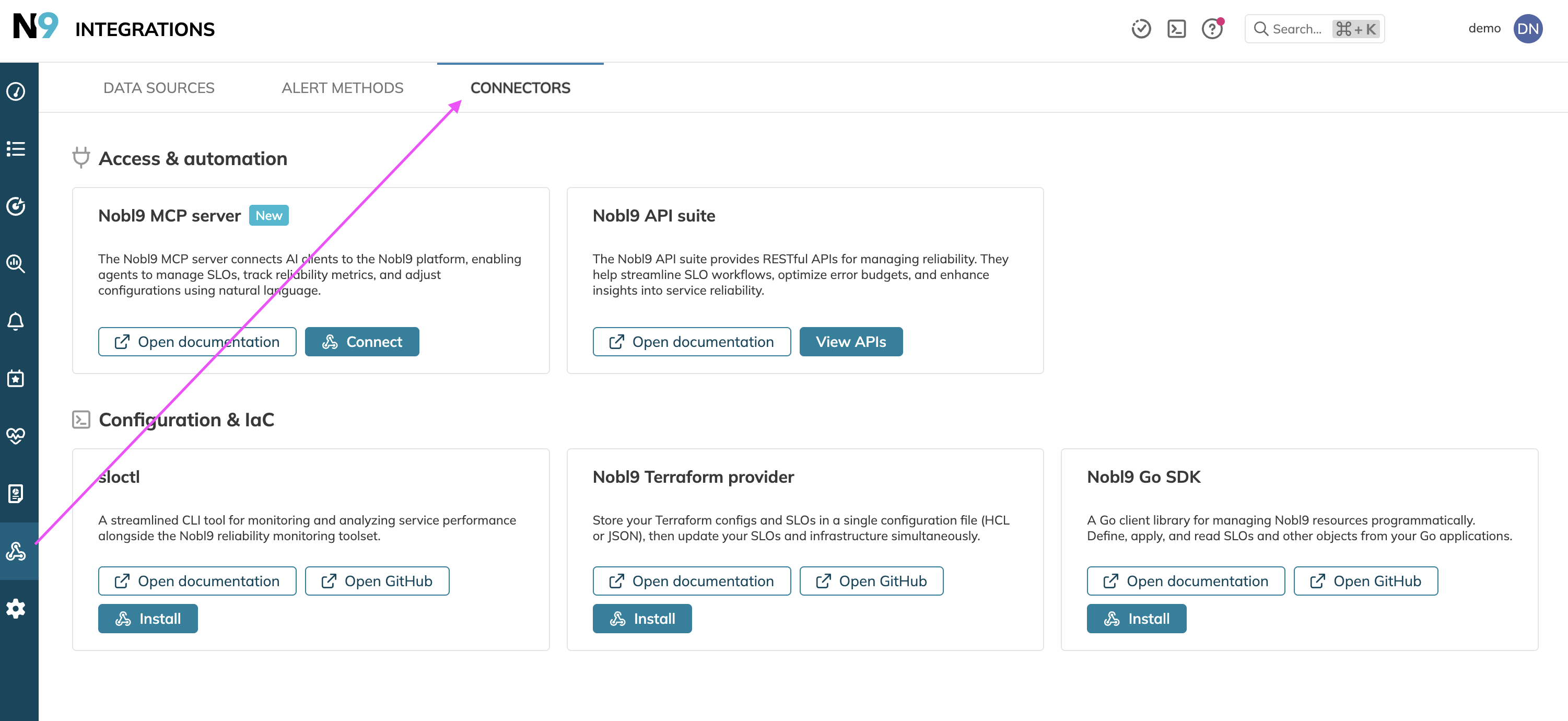 Connectors tab on the Integrations page