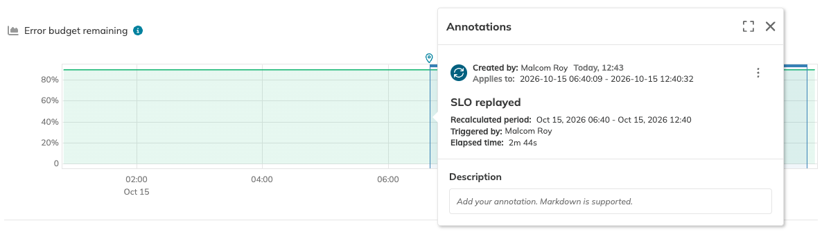 An SLO chart with a Replay annotation open
