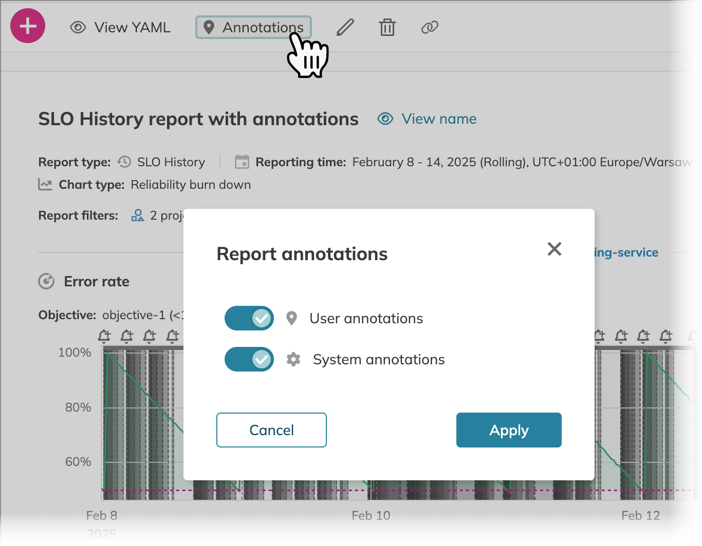 show / hide annotations in a report