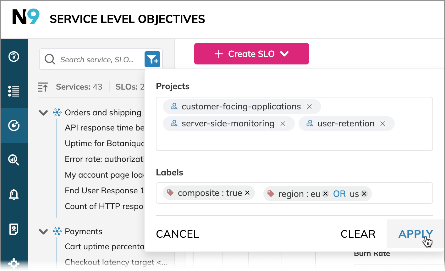 filter SLOs by project and label