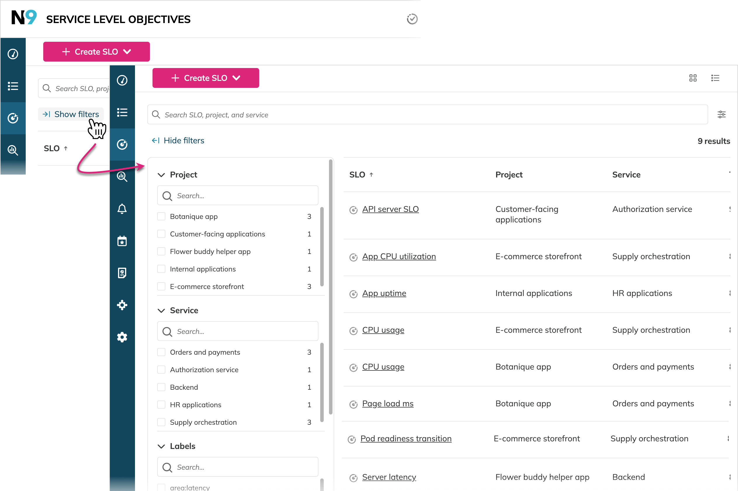 filter SLOs in list view