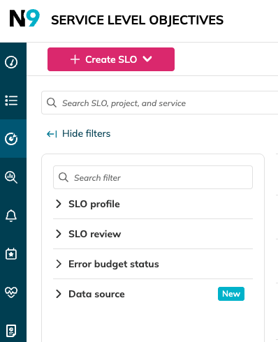 SLO list filter categories