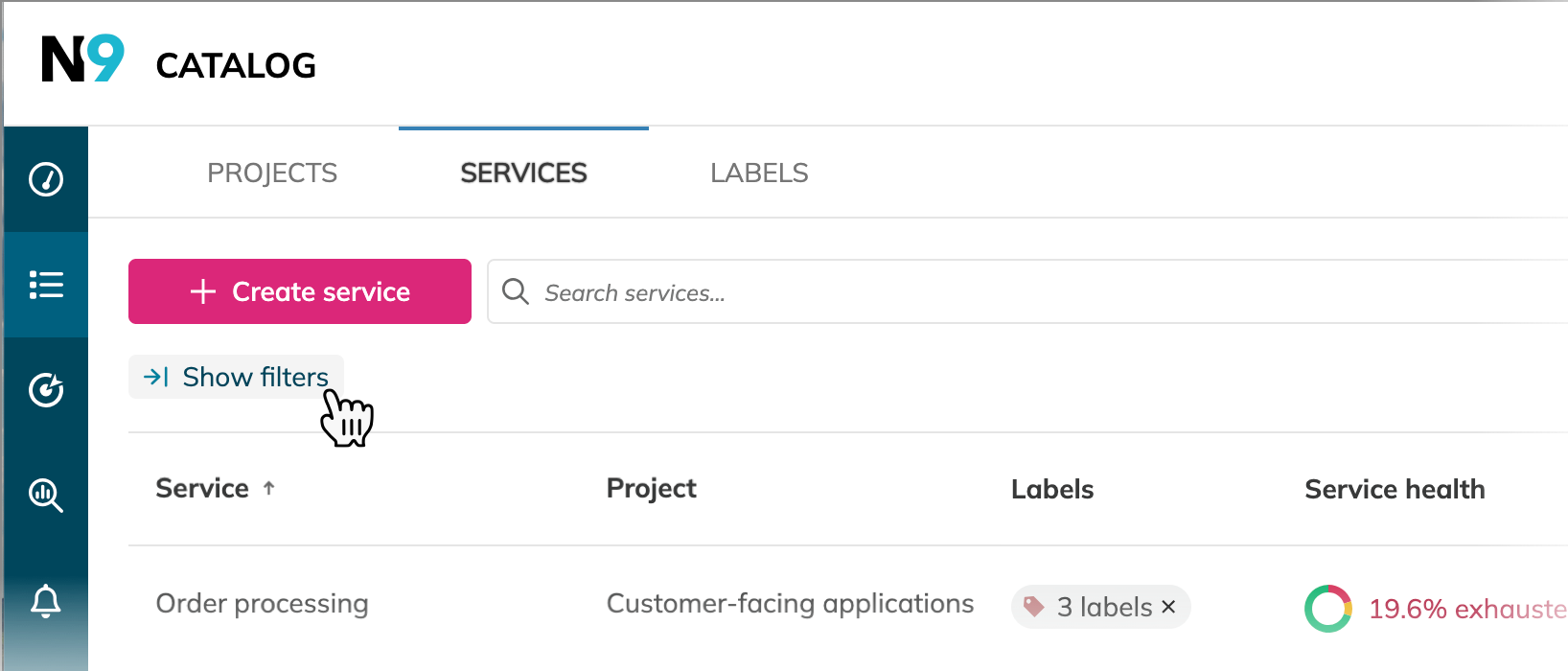 Opening service list filters